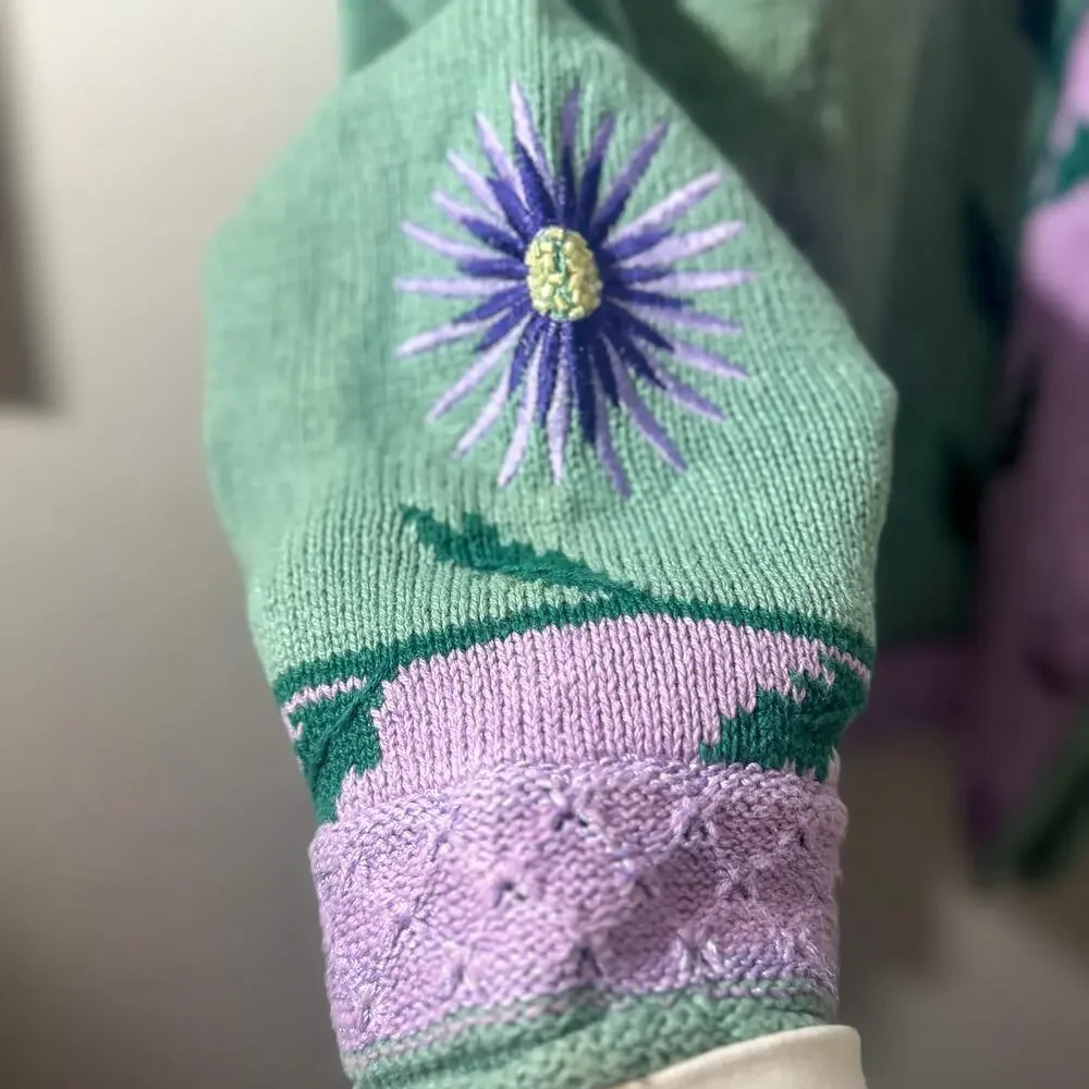Vtg Storybook Knits Pastel Flower Cardigan Purple Green Cottagecore Large 90s - Picture 7 of 7